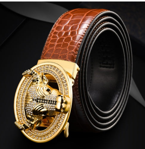 Automatic Buckle Leather With Diamond-studded Pattern Bull Head Belt