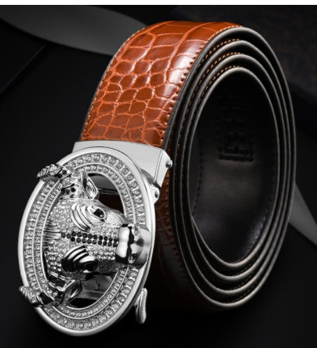 Automatic Buckle Leather With Diamond-studded Pattern Bull Head Belt
