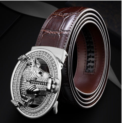 Automatic Buckle Leather With Diamond-studded Pattern Bull Head Belt