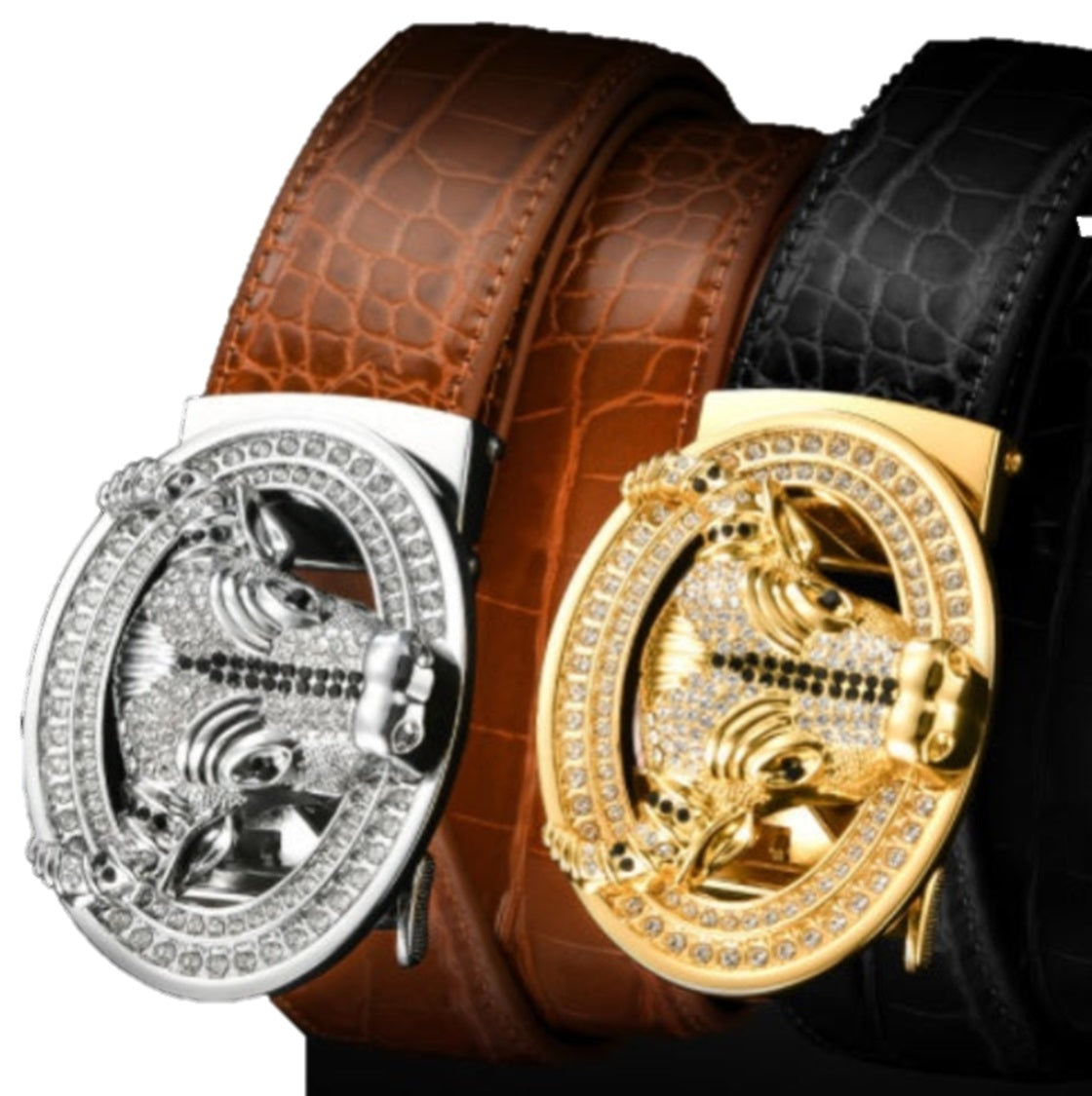 Automatic Buckle Leather With Diamond-studded Pattern Bull Head Belt