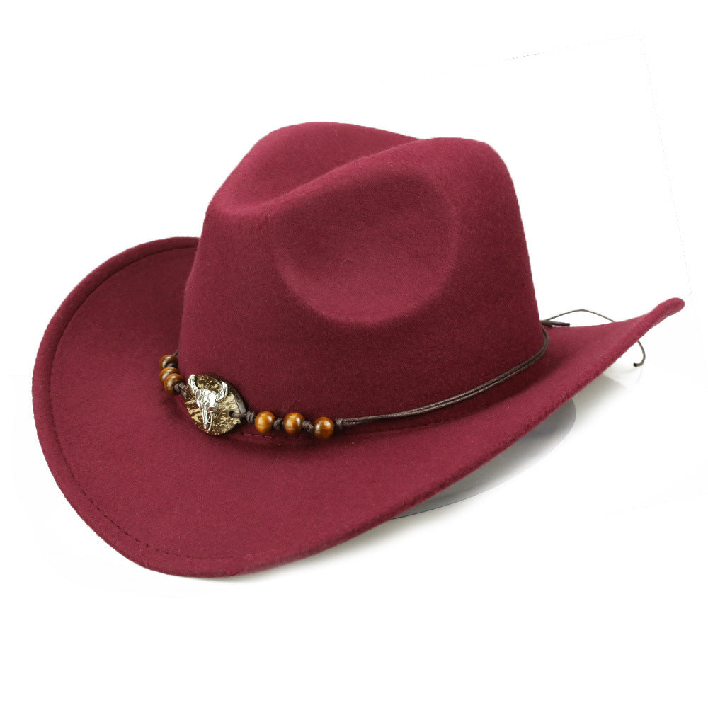 Western Cowboy Hat Wooden Bead Bull Head Fedora Hat