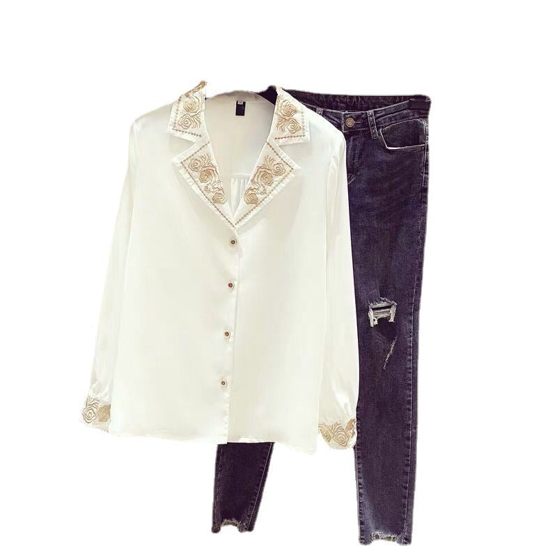 Ladies Western Embroidery Chiffon Long-sleeved Shirt