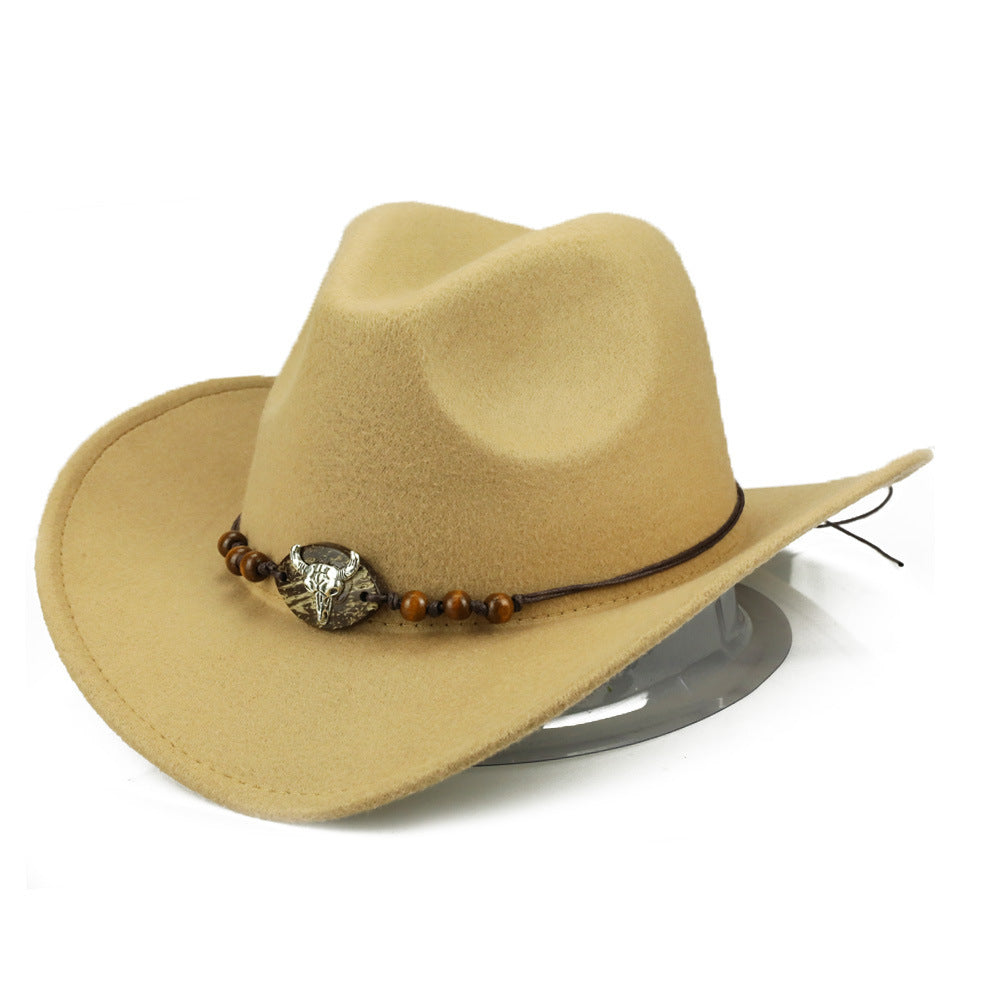 Western Cowboy Hat Wooden Bead Bull Head Fedora Hat