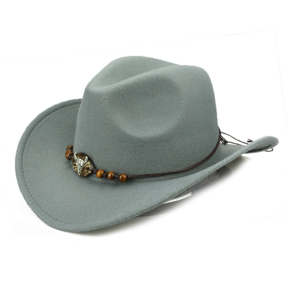 Western Cowboy Hat Wooden Bead Bull Head Fedora Hat