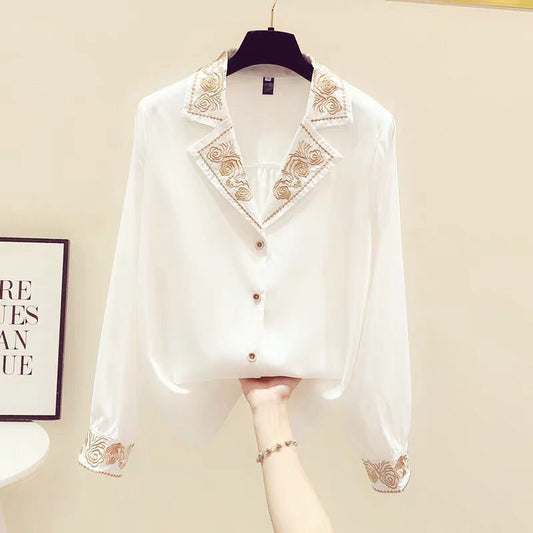 Ladies Western Embroidery Chiffon Long-sleeved Shirt